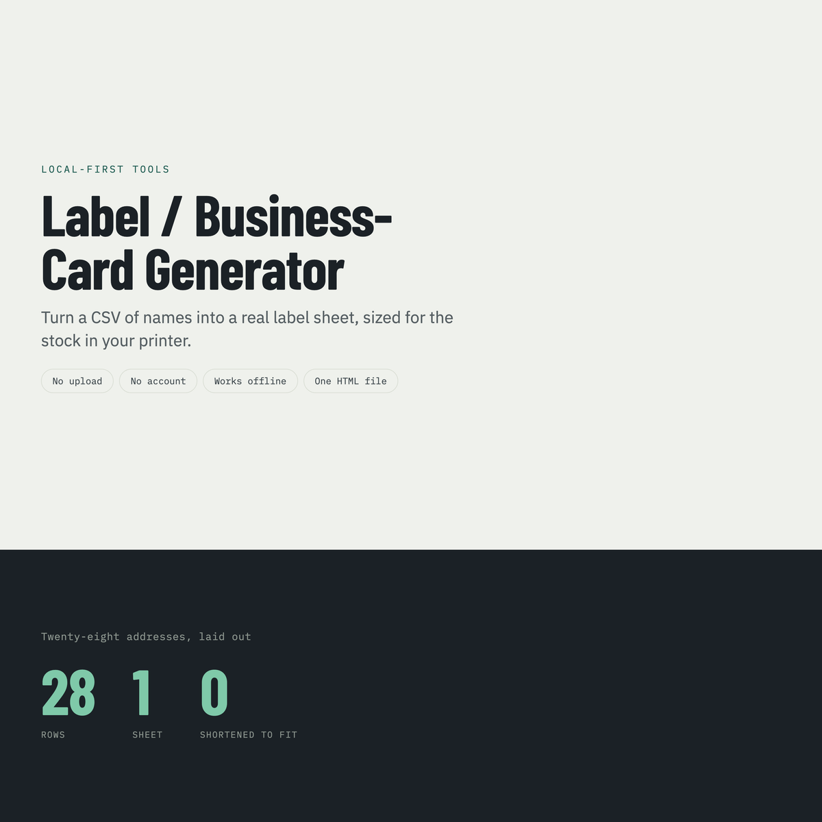 Label / Business-Card Batch Generator — product overview (included in this kit)