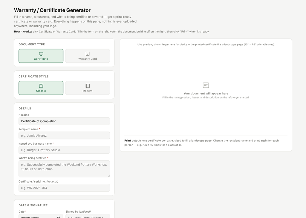 Warranty / Certificate Generator