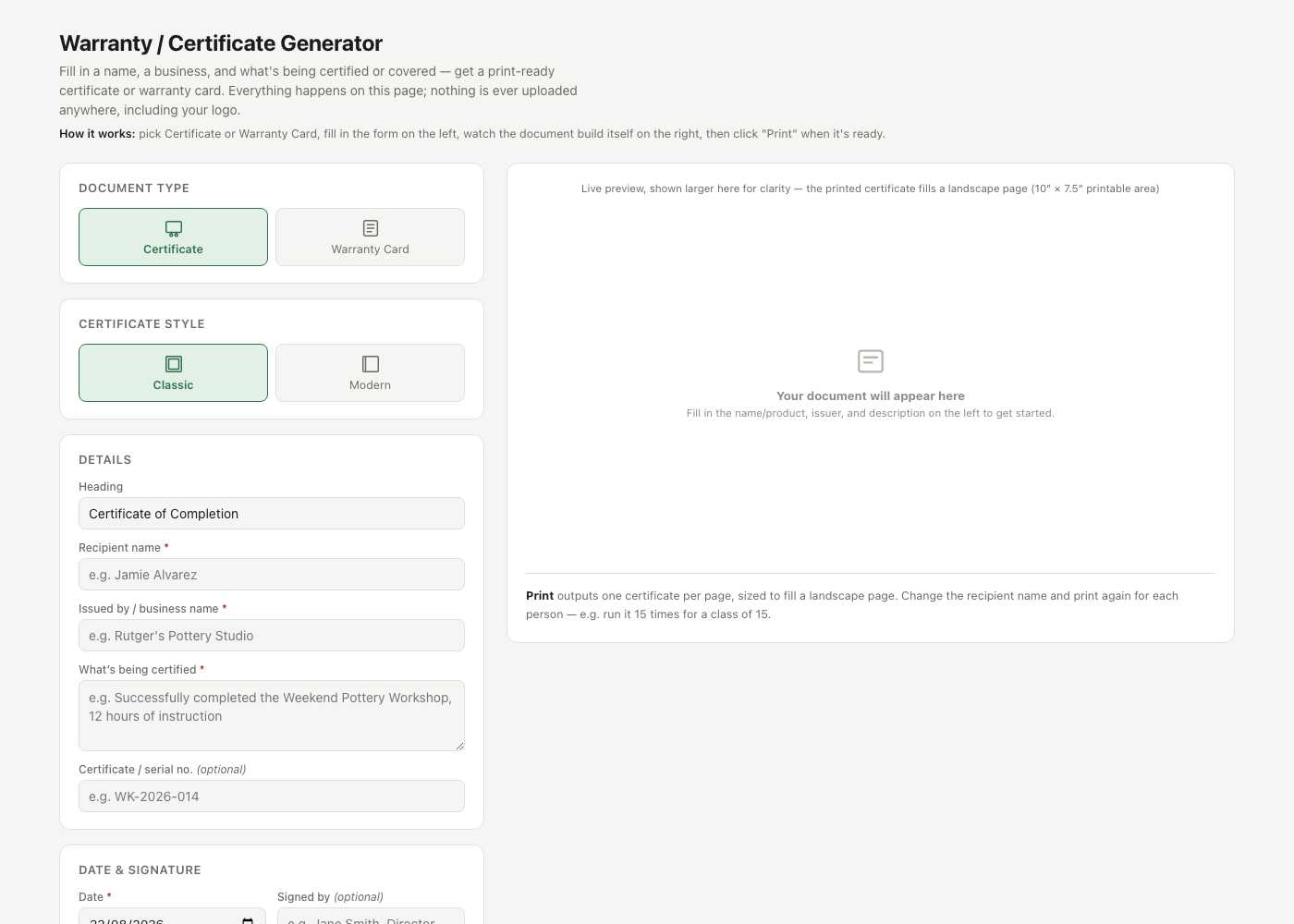 Warranty / Certificate Generator