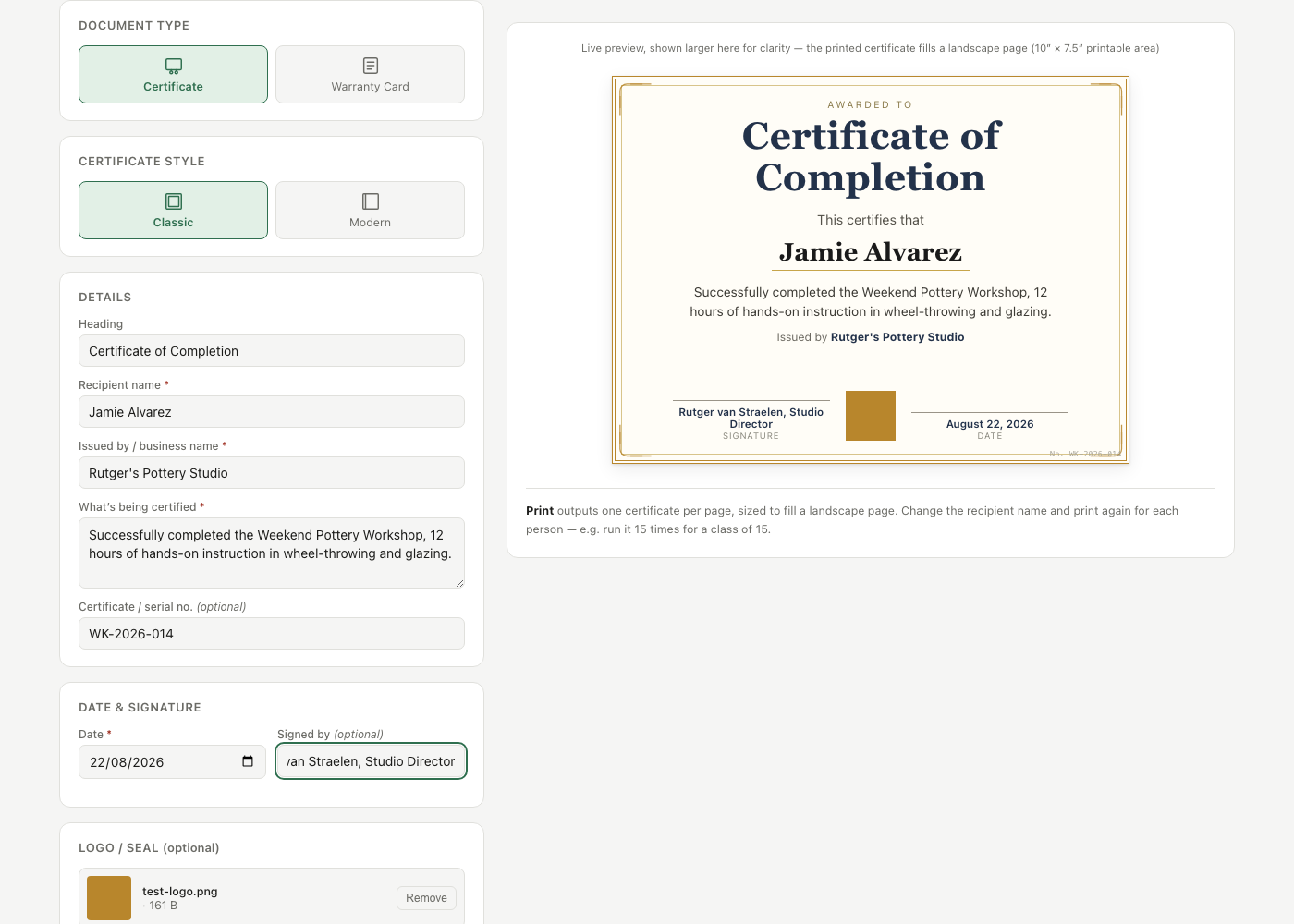 Warranty / Certificate Generator